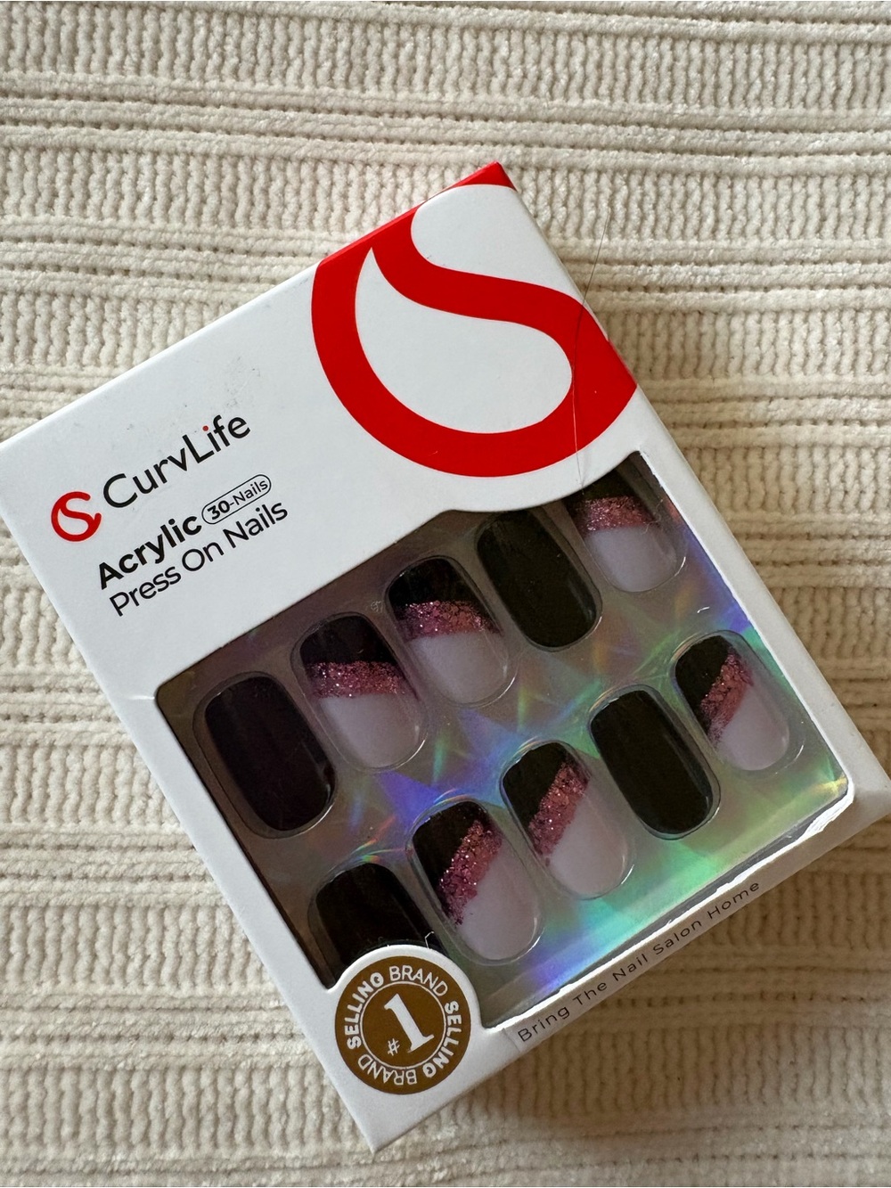 Curvlife Press-On Nails - Black & Pink Glitter French